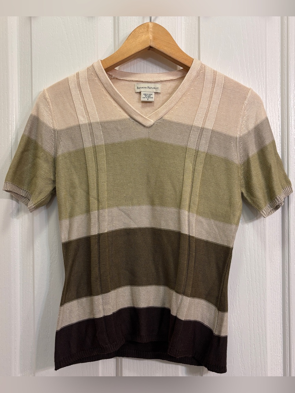 Banana Republic Striped V-Neck Short Sleeve Silk Top